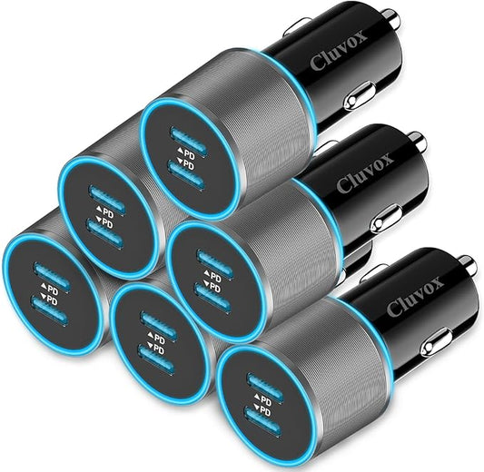6 Pack 40W USB C Car Charger Fast Charging, Dual 20W Type C Port Cigarette Lighter Adapter, 12V USBC Plug Accessories Bundle for iPhone 17 16, Samsung Galaxy S26, Google Pixel 10 Android Phone- Grey