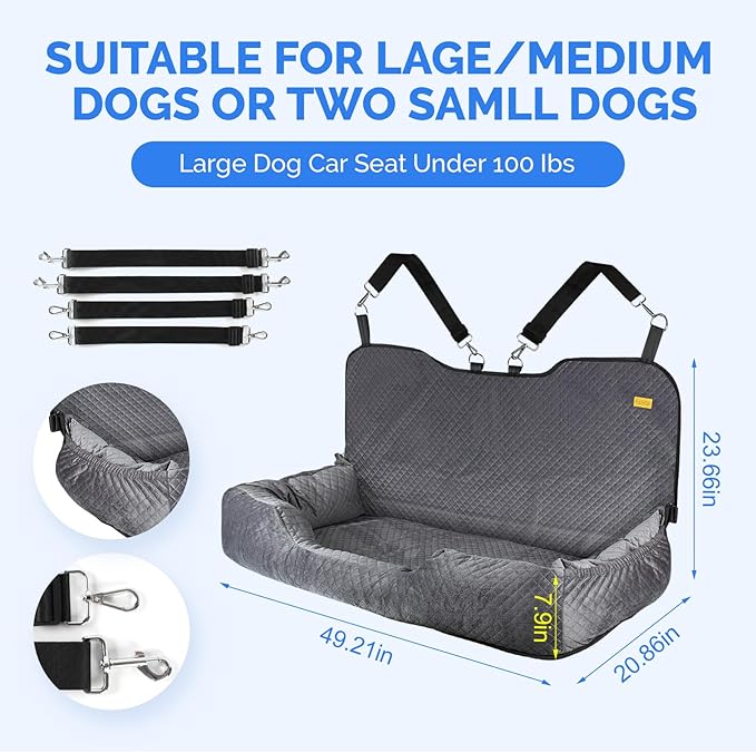 Large Dog Car Back Seat for 100lbs Dogs Pet Bed Car Seat Fully Detachable Washable Travel Safety with Storage Pocket Grey