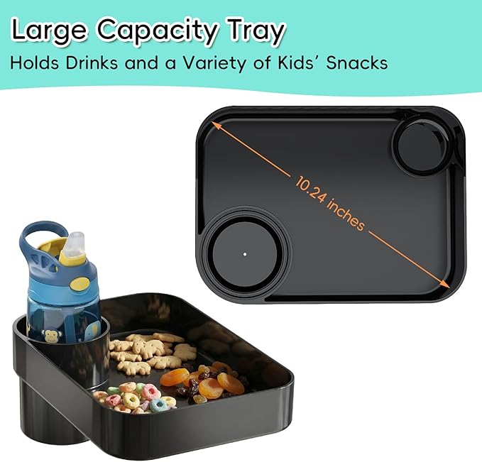 Kids Car Seat Tray, Travel Tray with Cup Holder for Toddler Baby, Kids Car Seat Food Snack Organizer for Road Trip, Stroller Snack Organizer Travel Must Haves Toddler Must Haves (Black, 2 Packs)