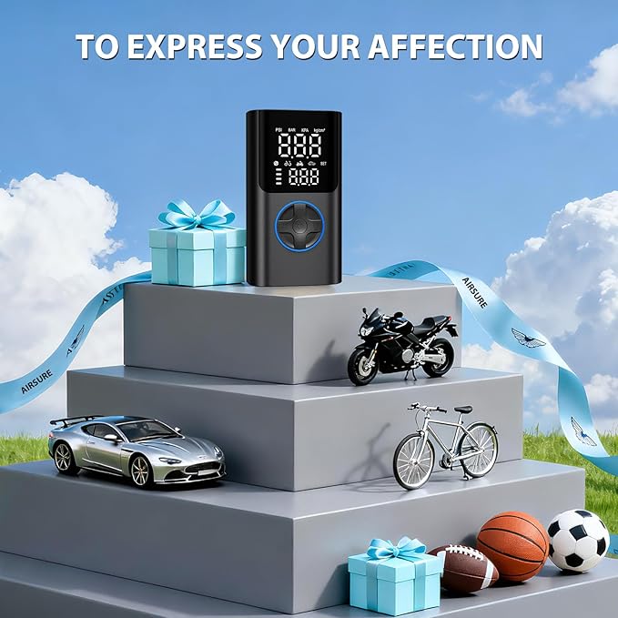 AIRSURE Tire Inflator Portable Air Compressor, 150PSI Fast Inflation Bike Pump with Gauge & USB Charging Output, Air Pump for Car, Bicycles, Motorcycles, Scooters & Balls