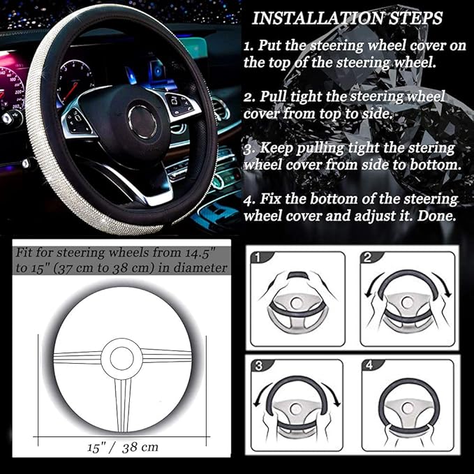 New Diamond Leather Steering Wheel Cover with Bling Bling Crystal Rhinestones, Universal Fit 15 Inch Car Wheel Protector for Women Girls Black
