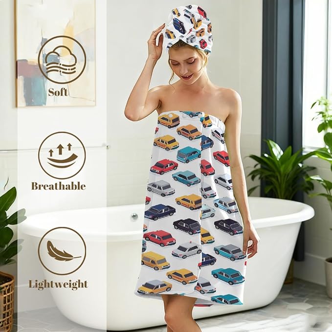 Women Bath Wrap Hair Towel Drying Cap Set Colorful Cars Pattern Print Soft Absorbent Bathrobe Shower Wraps with Adjustable Closure Spa Bath Robe
