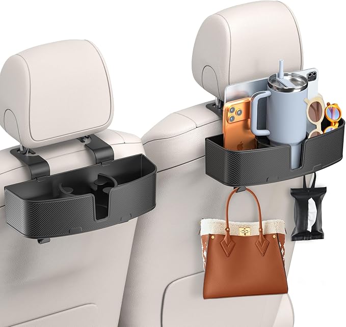 Car Headrest Cup Holder for Back Seat Organizer for Multi-Hanging Snack Storage Box with Strong Hooks for Kids and Backseat Passengers Share Rid for Travel Accessories（2-Pack）