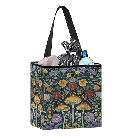 Retro Mushroom Daisy Floral Print Car Trash Bag Hanging, Garbage Bag and Water Resistant Trash Can for Car, Leakproof Trash Can for SUV Truck Car Accessories