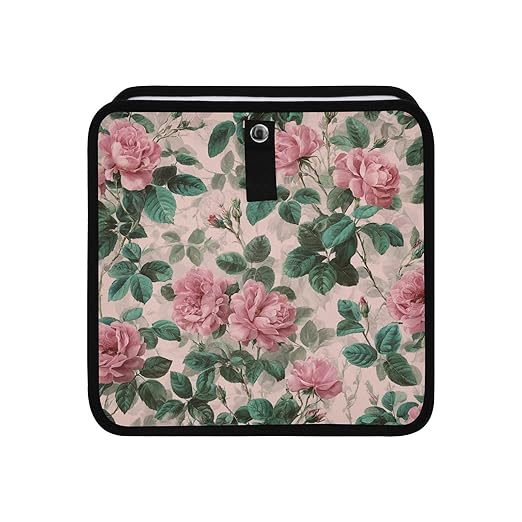 Car Trash Can Organizer Bin with Adjustable Strap for Back Front Seat Console Waterproof Leakproof Collapsible Portable 11 Inch Pink Vintage Roses with Leaves