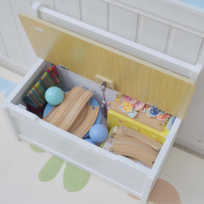 Qaba Toddler Toy Box Storage Bench with Large 27 L Interior, Kids Storage Bench Seat with Storage for Toddler Playroom Furniture, Kids Bedroom Furniture, Toy Organizer and Storage Bin White