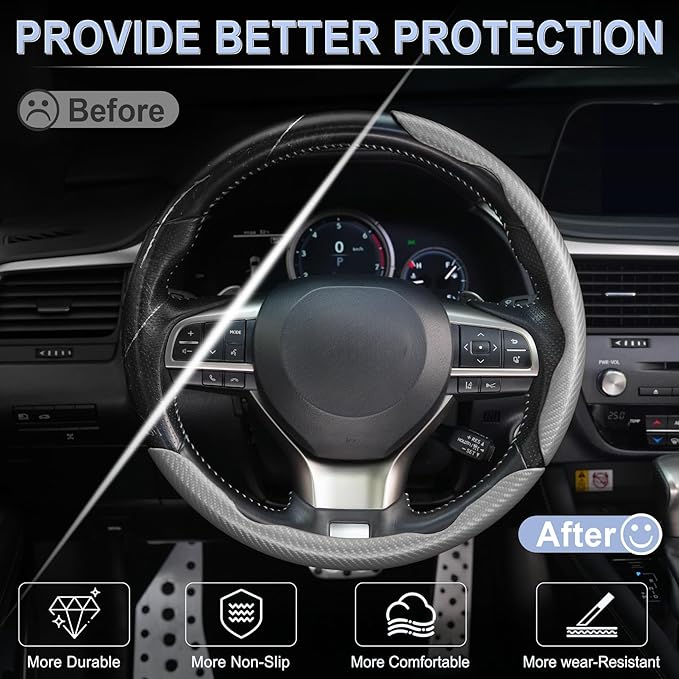 Amiss 3pcs Carbon Fiber Anti-Skid Steering Wheel Cover, Waterproof & Segmented Butterfly Design, Universal 99% Vehicle Wheel Cover Protector, Car Interior Accessories (Gray-3pcs)
