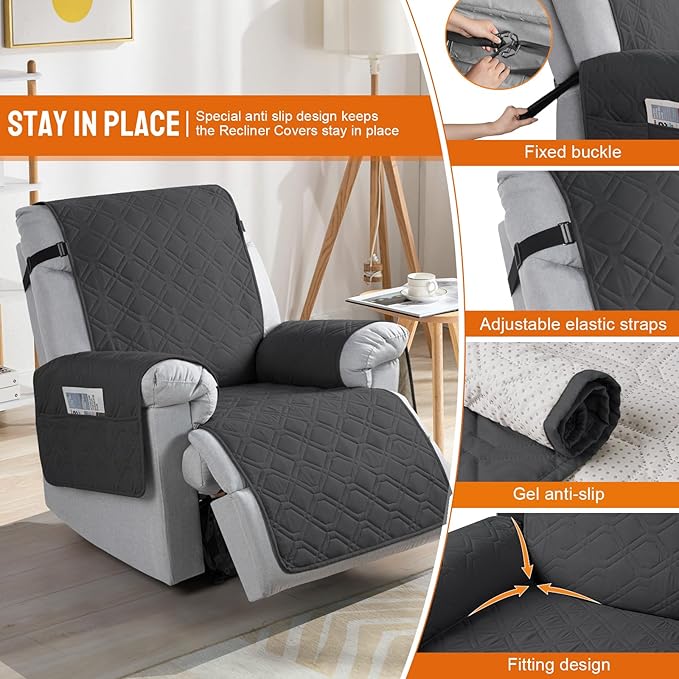 VANSOFY 100% Waterproof Recliner Chair Covers, Recliner Cover Non-Slip Dog Chair Cover Furniture Protector Washable Slipcover with Pocket, Elastic Straps for Pets, Dogs(Charcoal Gray, 25")