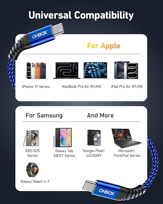 USB C to C Cable 60W, 10FT Long USB Type C Fast Charging Cable for Car Durable Braided iPhone USB C Charger Cable USBC to USBC Cord for iPhone 17/16/15/Pro Max/Plus, Samsung Galaxy and More-Blue