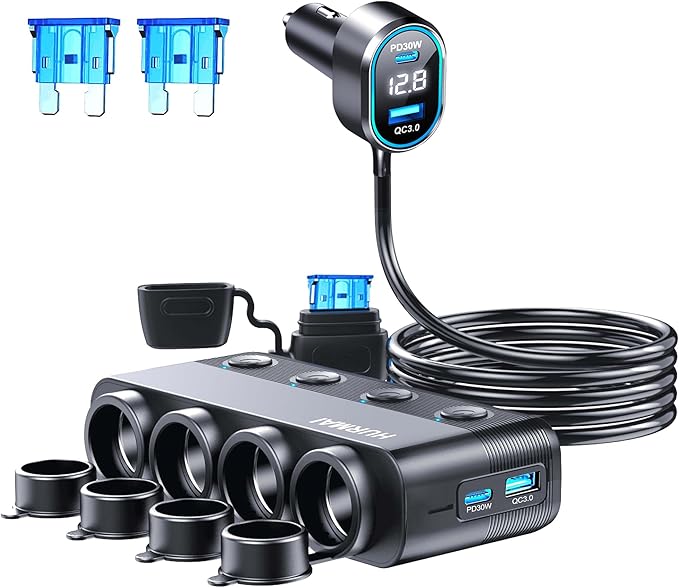 8 in 1 Cigarette Lighter Splitter, 264W 4 Socket Cigarette Lighter Adapter,Type-C QC3.0 PD 30W Charging, Heavy Duty Truck Car USB Chager Multi Plug Outlet 12V/24V Independent Switches, LED Voltmeter