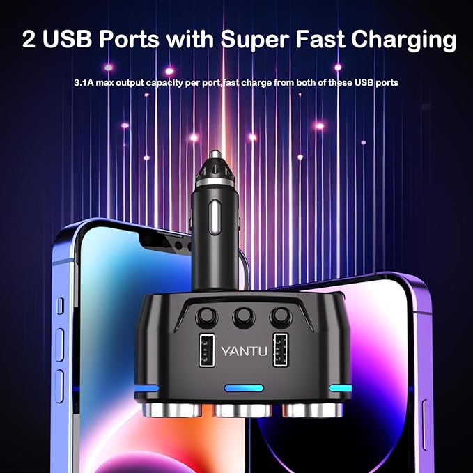 Car Cigarette Lighter Splitter, Self-Recovery Fuse & Separate Switch, 3-Socket Cigarette Lighter Splitter with Dual USB Port Fast Car Charger, 12/24v Car Adapter Splitter for Phone GPS Dash Cam