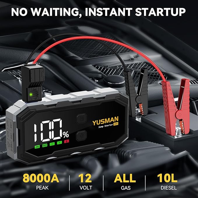 YUSMAN Car Jump Starter, 8000A 12V Jump Battery Pack (All Gas/10.0L Diesel), Portable Jump Starter with Display, Car Jump Starter with Extended Smart Cables, Quick Charge 3.0, LED Light