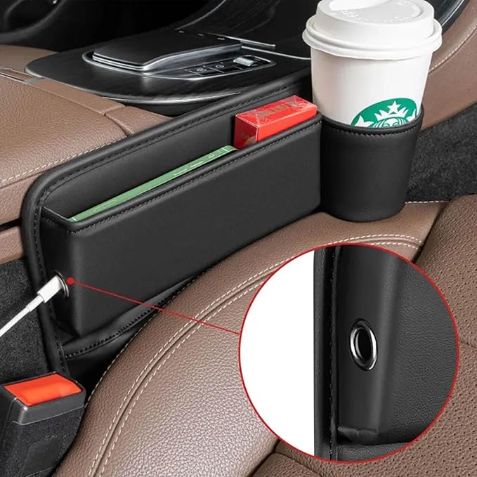 2 Packs Universal Car Seat Gap Storage Box, 2025 Car Leather Cup Holder Gap Bag, Adjustable Car Gap Seat Filler Organizer with Cup Holder for Glasses Phones Keys Cards (Red)