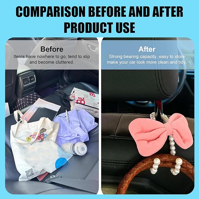 2 PCS Bow Pearl Car Headrest Hooks, Elegant & Cute Seatback Storage Organizers, Durable Alloy Accessories for Hanging Backpacks Umbrellas & Wallets for Girl Women's Vehicles (Pink)