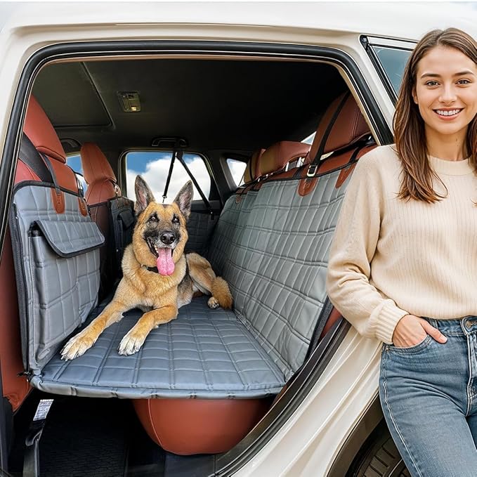 APetsPlanet Backseat Extender for Dogs, Dog Seat Cover Hard Bottom for Car Backseat & Truck Travel Bed, Platform Hammock Mat Converts Rear Seat Into Backseat Bed, Grey Leather with Door Covers