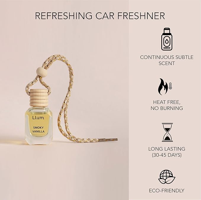 Llum Smoky Vanilla Hanging Car Air Freshener – Luxury Automotive Perfume Diffuser 10ml (0.34 fl oz), Long-Lasting Fragrance, Alcohol-Free Non-Toxic Car Scent, Glass Bottle With Wood Cap