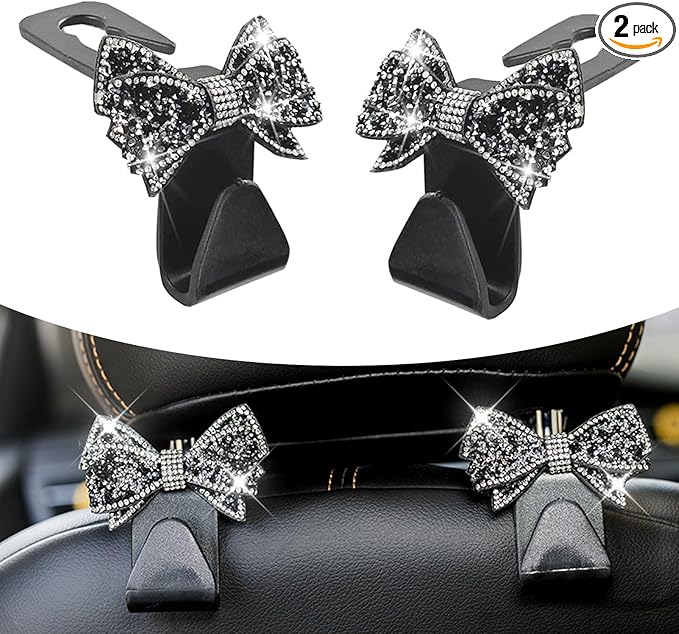 2 PCS Bling Car Seat Headrest Hooks, S Type Crystal Rhinestone Bow Vehicle Seat Back Storage Hooks for Purses Bags Groceries, Universal Diamond Car Rear Seat Organizer (Black)
