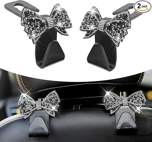 2 PCS Bling Car Seat Headrest Hooks, S Type Crystal Rhinestone Bow Vehicle Seat Back Storage Hooks for Purses Bags Groceries, Universal Diamond Car Rear Seat Organizer (Black)