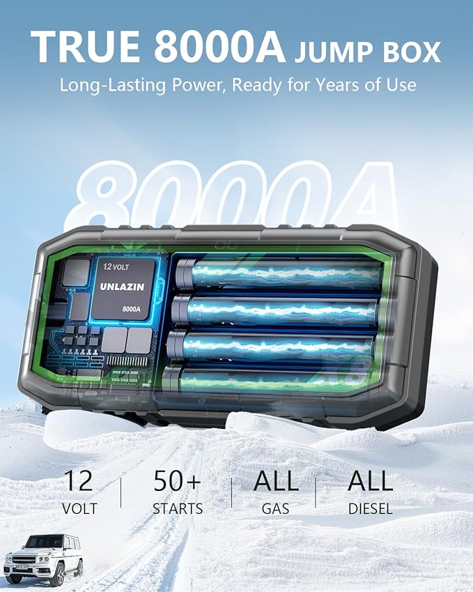 X8 Jump Starter 8000A Battery Jumper Starter Portable with Force Start, 12V Car Starter Jump Box & Battery Booster for All Gas & Diesel Engines, QC 3.0 Quick Charge, LED Light, Passenger Car