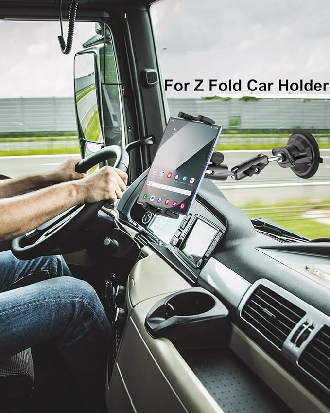 Z Fold Car Holder, [Super Suction Cup] Dashboard Windshield Mount for Foldable Phone, 360° Metal Arm Truck Tablet Phone Stand for Galaxy Z Fold 7 6 5 4 3 2, Pixel Fold, Galaxy Tab, 4-13" Device