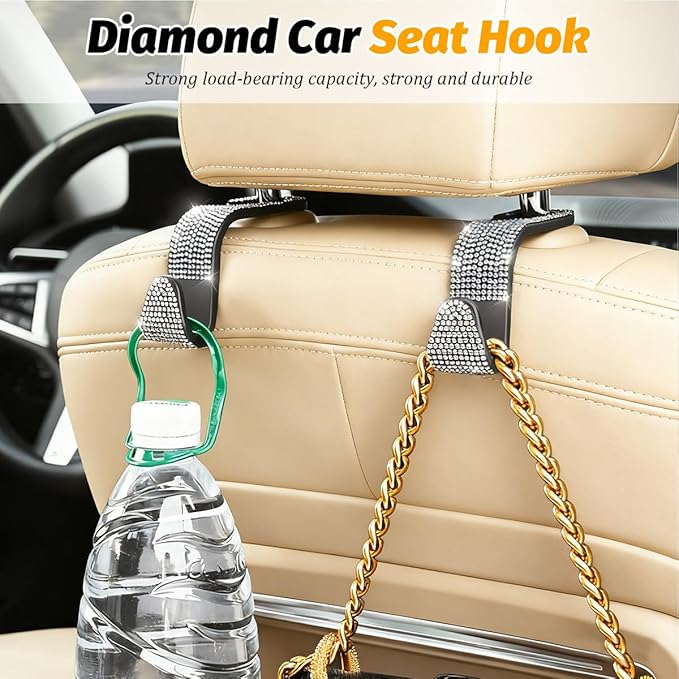 4PCS Bling Car Seat Headrest Hooks, Crystal Rhinestone Vehicle Purse Handbag Coat Hangers Holder, Automotive Interior Storage Organizer Accessories for Women Girls, Universal Fit (Pink)