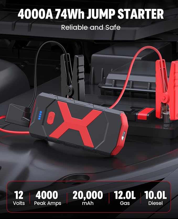 BOOKOO A9 Jump Starter 4000A for Car,Boat,Lawnmower 12L Gas&10L Diesel Engines Portable 12V Car Battery Jump Starter with Jumper Cables,Quick Charging USB Ports and USB C,3 LED Modes and Storage Box