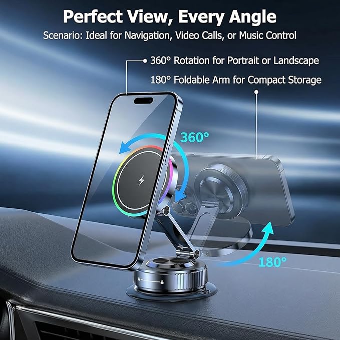Vacuum Magnetic Phone Charging Holder Mount 15W Fast Wireless Charger for Car Magsafe 360° Adjustable Phone Holder with Nano Gel Suction Cup for iPhone 12-17 Pro Max (K5S)