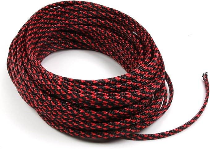 Aicosineg 32.81ft PET Flexible Braided Cable Sleeve 0.16inch Width Wire Loom Sleeving and Organizer Flexible Wire Mesh Sleeve Wrap Protector for TV Audio PC Cords from Pets Chewing Black and Red