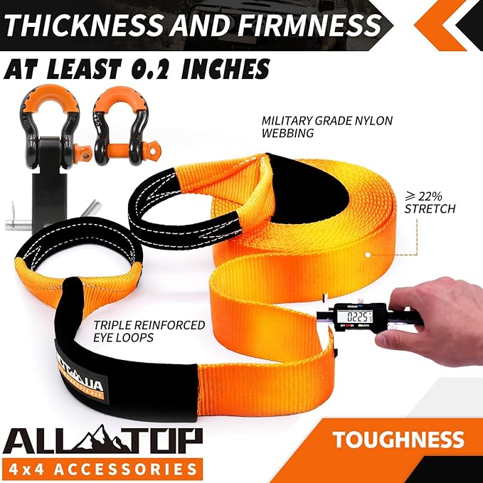 ALL-TOP Nylon Recovery Kit with Hitch Receiver: 3" x 20' (35,000lbs) 100% Nylon Snatch Strap + 2" Shackle Hitch Receiver + 3/4 HD Shackles (2pcs) with Isolator + Storage Bag