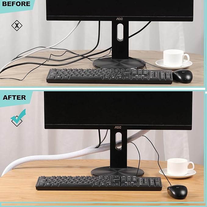 AGPTEK Cable Sleeve Cover, 10ft - 1 inch Cord Management Wire Organizer Under Desk, Home Office Computer Wire Cover Hider Cord Protector, Protect Pet Cat Dog from Chewing, White