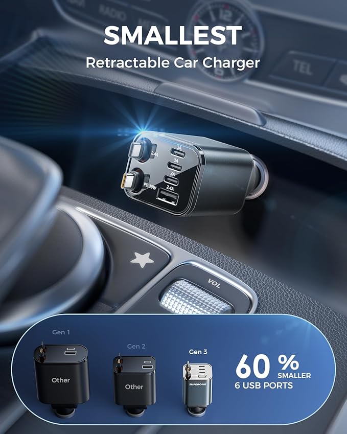 SUPERONE 6 in 1 Retractable Car Charger with Dual Type C Cables, 99W Ultra-Compact USB C Car Accessories Adapter with 4 USB Ports, Fast Charging Car Charger for iPhone 17/16/15/14/13/12, Galaxy, iPad