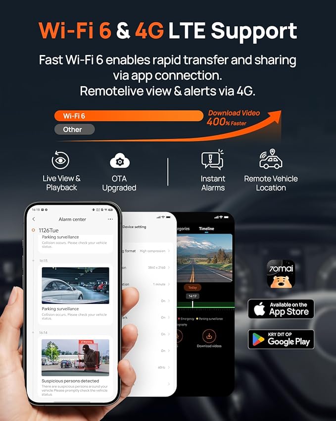 70mai A810S 4K Dual Dash Cam Front & Rear, STARVIS 2 HDR Super Night Vision, AI Motion Detection & 24/7 Parking, Built-in GPS, Wi-Fi & Optional 4G Remote Viewing, ADAS, Loop Recording, Time-Lapse