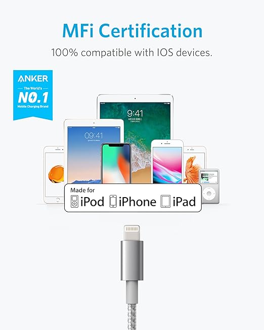 Anker USB A to Lightning Cable(6FT, 2Pack), MFi Certified Nylon USB to Lightning Cord for iPhone 14/13/12/11 Pro/11/XS MAX/XR/8/7/6s Plus Cable(Silver)