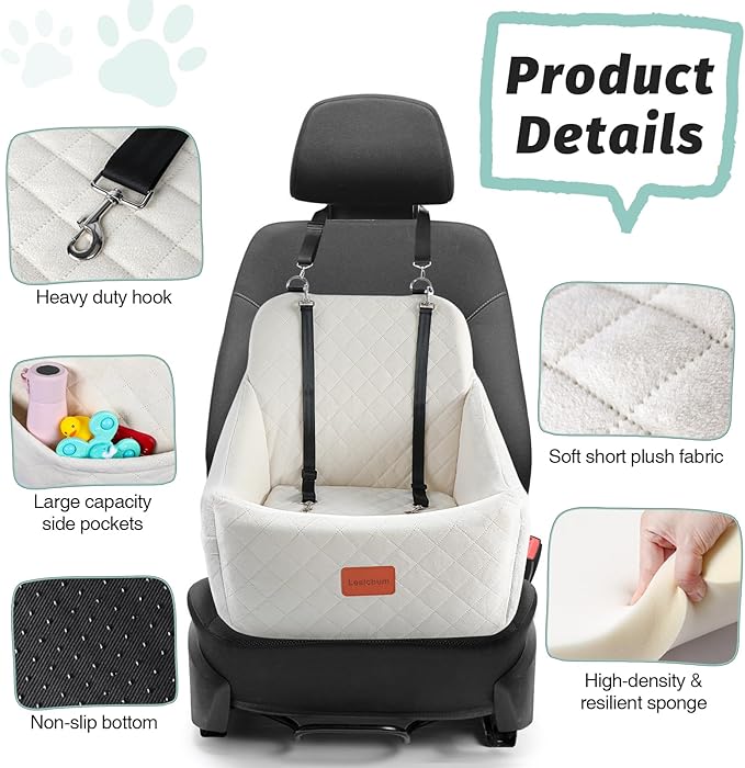 Lealchum Dog Car Seat for Medium Dogs Up to 40lbs,Easy to Install with Adjustable Straps,Anti-Slip Base,Fully Detachable and Washable,Soft Fabric Fill in Memory Foam,2 Side Pockets(Beige,Medium)