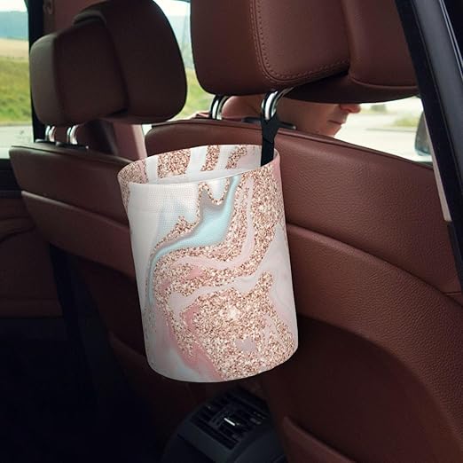 Rose Gold Glitter Coral Gray Pastel Marble Car Trash Can Leak Proof Hanging Waterproof Garbage Can Multipurpose Trash Bin for Car SUV Front Seat Headrest Collapsible and Portable Storage Pocket