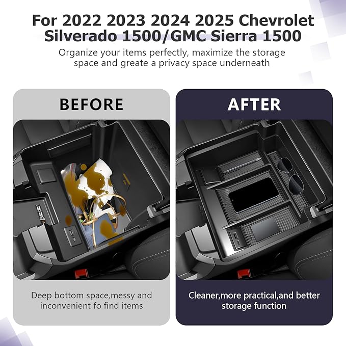 LUWU Center Console Organizer Compatible with 2022-2024 2025 2026 Chevy Silverado/GMC Sierra 1500 & 2024 2025 2026 Chevrolet Silverado/Sierra 2500HD 3500HD Black (ONLY for Full Console w/Bucket Seat)
