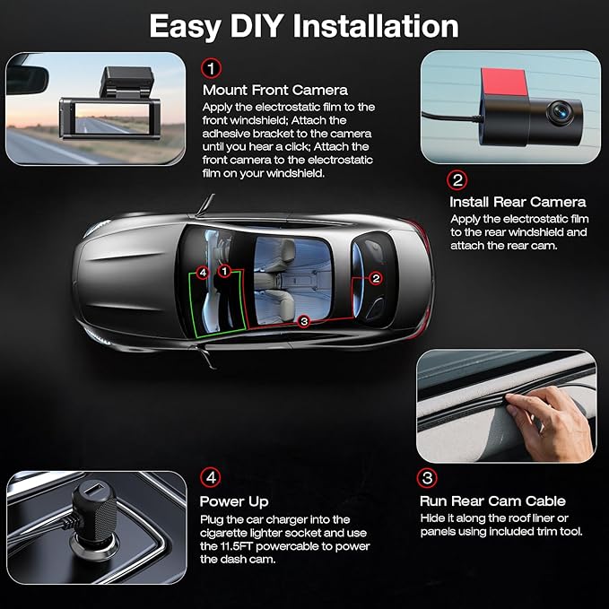 4K+2.5K Dash Cam Front and Rear, GPS&5.8G WiFi, Free 64GB Card Included, Dash Camera for Cars, 2-Channel Car Camera, 3.16'' IPS Screen, G-Sensor, 24H Parking Monitor, Max 256GB