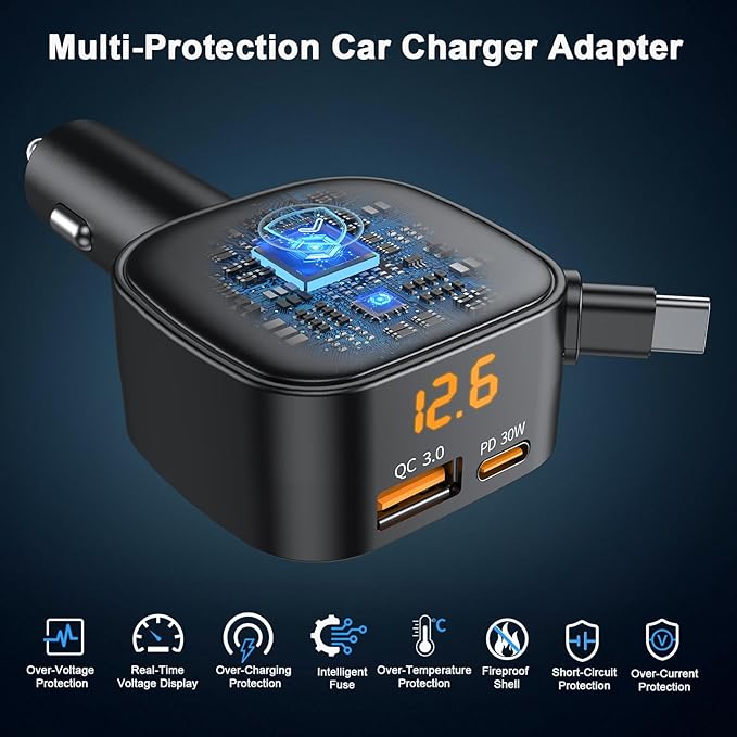 Retractable Car Charger USB C, 93W Fast Charging Car Charger Adapter with Voltage Display, [QC3.0 & PD 45W] 12-24V Cigarette Lighter USB Charger Adapter for iPhone 17 16 Galaxy iPad Android