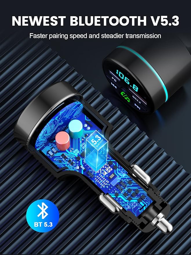 RIWUSI FM Transmitter for Car Bluetooth 5.3, [All-Metal] PD 30W & QC3.0 18W Fast Car Charger, Wireless FM Radio Kit Bluetooth Car Adapter, Noise Cancelling Hands-Free Call, Blue Light - Black