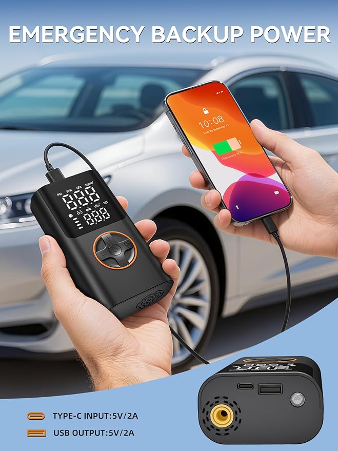 AIRSURE Tire Inflator Portable Air Compressor, Bike Pump with Gauge and USB Charging Output, 150PSI Fast Inflation Portable Tire Inflator for Car Bicycles Motorcycles Scooter Balls