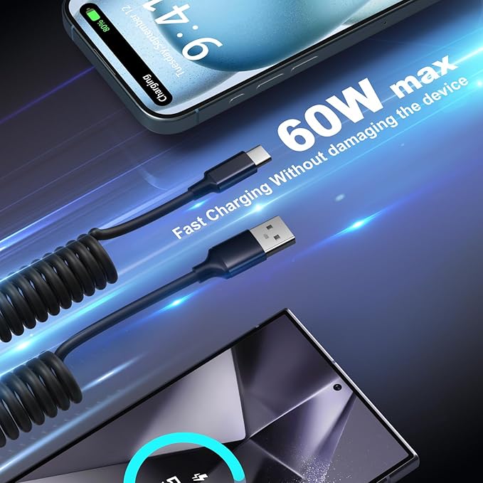 78W Retractable Car Charger USB C, OKRAY 3-Port 12v Cigarette Lighter Adapter PD30W Fast Charging Type C Car Phone Charger & Coiled USB C Cables for iPhone 17 Air 16 15 Pro, Samsung Galaxy S25 S24 A16