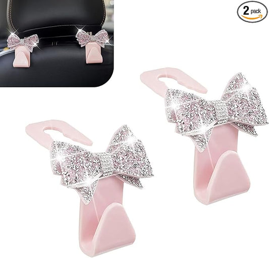 2 PCS Bling Car Seat Headrest Hooks, S Type Crystal Rhinestone Bow Vehicle Seat Back Storage Hooks for Purses Bags Groceries, Universal Diamond Car Rear Seat Organizer (Pink)