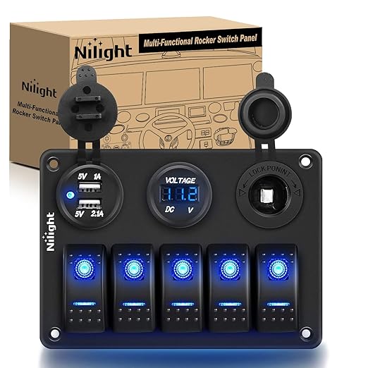 Nilight - 90118H 5 Gang Rocker Switch Panel Pre-Wired Aluminum Switch Panel with Dual USB Cigarette Lighter Socket Voltmeter12V-24V DC Switch Panel with Night Glow Stickers for Cars Rvs Trucks