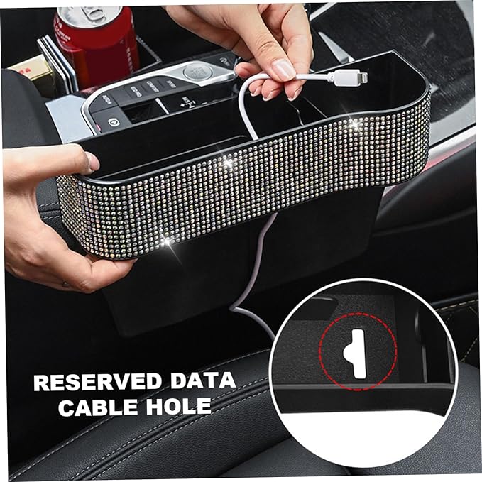 2Pcs Car Seat Gap Filler Organizer, Bling Bling Car Seat Organizer with Cup Holders & Charging Hole, Console Storage with Crystal Rhinestones Diamond