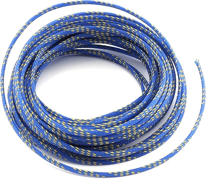 Aicosineg Cable Sleeve Braided Sleeving PET Wire Loom Tubing Cable 32.81ft-1/6inch Wrap Protector for HiFi Audio and Video Headphone Cable Protect Wires from Chewing of Pets Blue and Gold