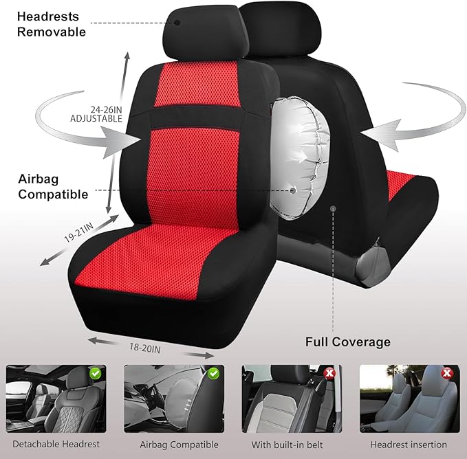 CAR PASS Car Seat Covers Front Seats Only, 3D Air Mesh Car Seat Cover with 5mm Composite Sponge Inside,Airbag Compatible Universal Fit for SUV,Vans,sedans, Trucks, Automotive Interior Covers(Black Red