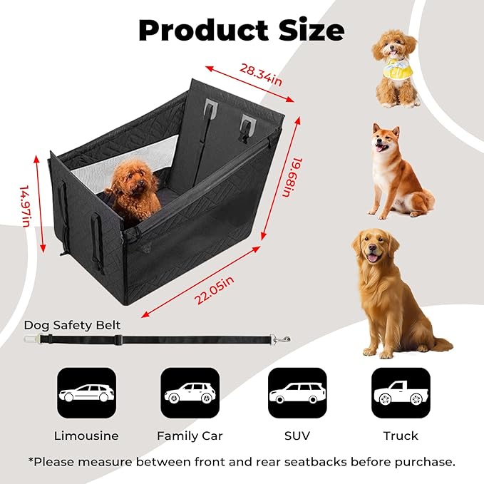 Large Dog Car Seat Integrated Hard-Back, Durable Waterproof Rear Seat Extension Pad Features Dual mesh Windows and Storage Pockets Fits sedans, SUVs, and Trucks