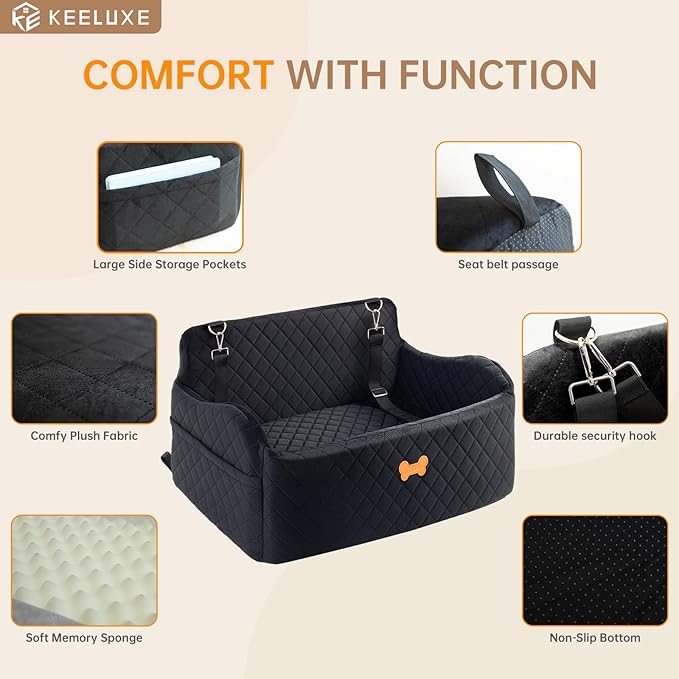 Car Seat for Large Size Dog, Booster Seat for Dogs Under 55 lbs or 2 Small Dogs, Soft Car Dog Bed Filling in Thick Memory Foam with 2 Safety Leashes and Storage Pocket (Black)