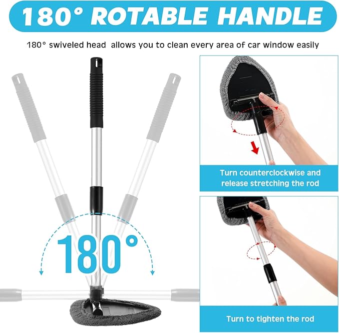 Baderke 10 Pcs Windshield Cleaner Tool Car Window Cleaning Supplies with Extendable Handle Include 6 Washable Microfiber Bonnets 2 Empty 60ml Spray Bottle Glass Wiper Kit (Gray)