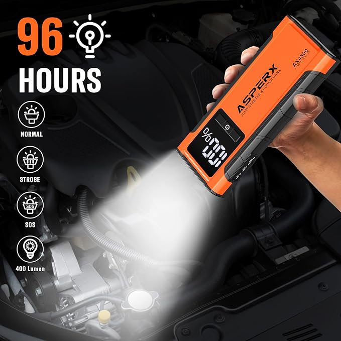 ASPERX AX4500 Jump Starter,4500A Peak Car Starter for Up to All Gas and 10.0L Diesel Engines,12V Battery Starter with 4 Inch LCD Display,Lithium Portable Car Battery Booster Pack